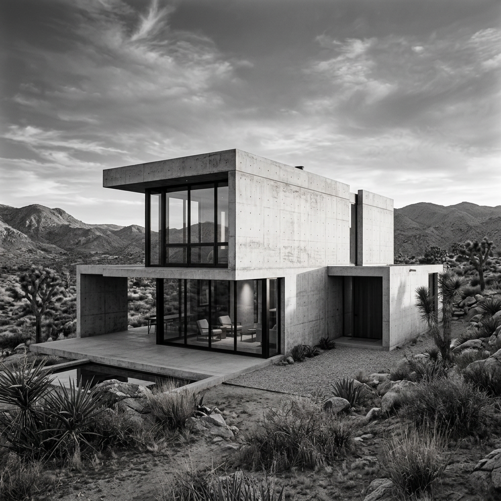 Modern concrete desert home at sunset Two-story modern concrete house with large glass windows in desert setting