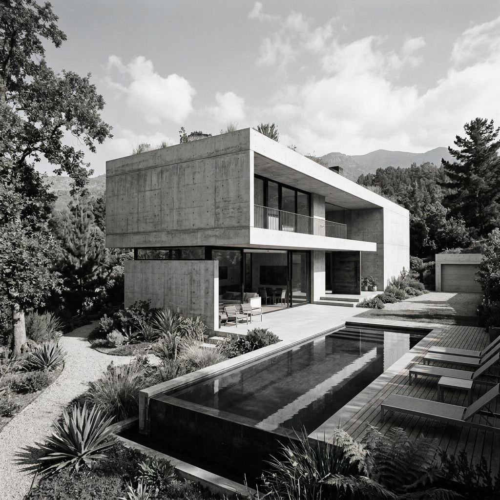 Modern concrete home with pool Modern two-story concrete house with large windows, a swimming pool, and greenery